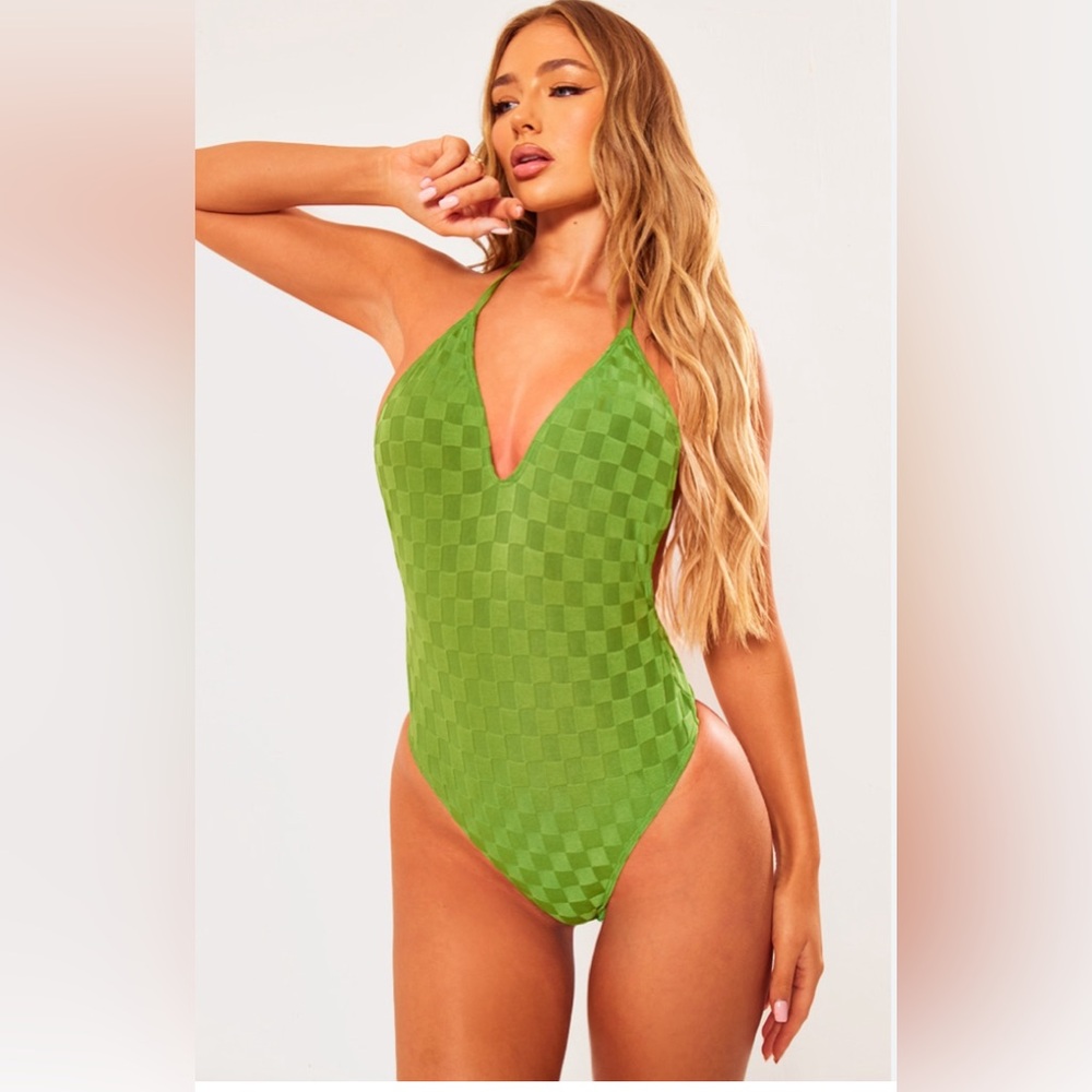 Pretty Little Thing Green Checkered One-Piece halter Swimsuit size medium